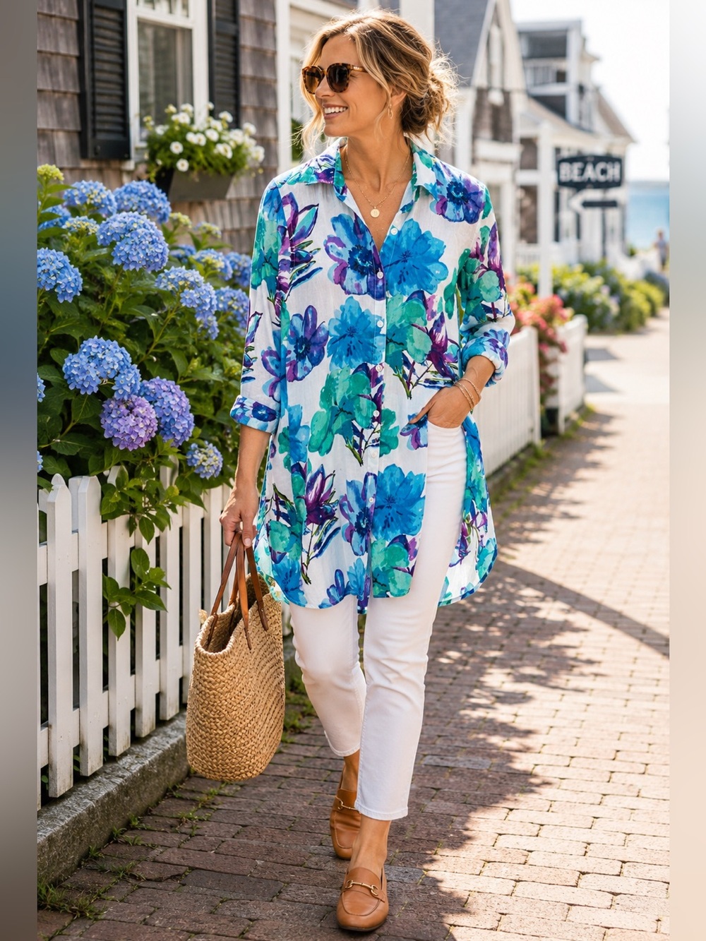 Orange Watercolor‎ Floral Cotton Button-Up Tunic Blouse S/M